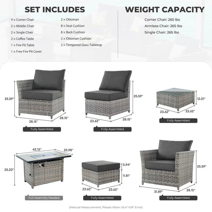 ALTRIGUS Patio Furniture Set 12-Piece with 42"Rectangle Fire Pit Table Minimal Assembly