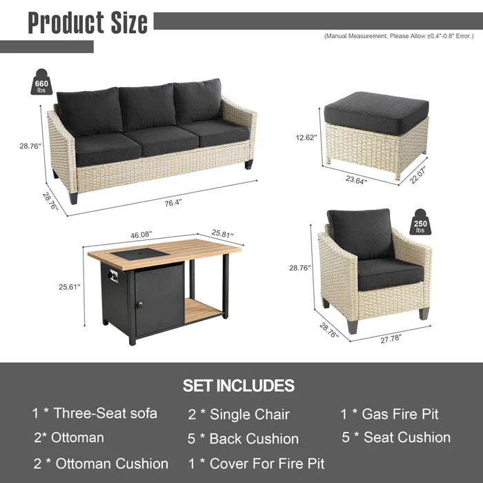 ALTRIGUS Athena Series Outdoor Patio Furniture Set 6-Piece with 46'' Double Layer Rectangle Fire Pit Table