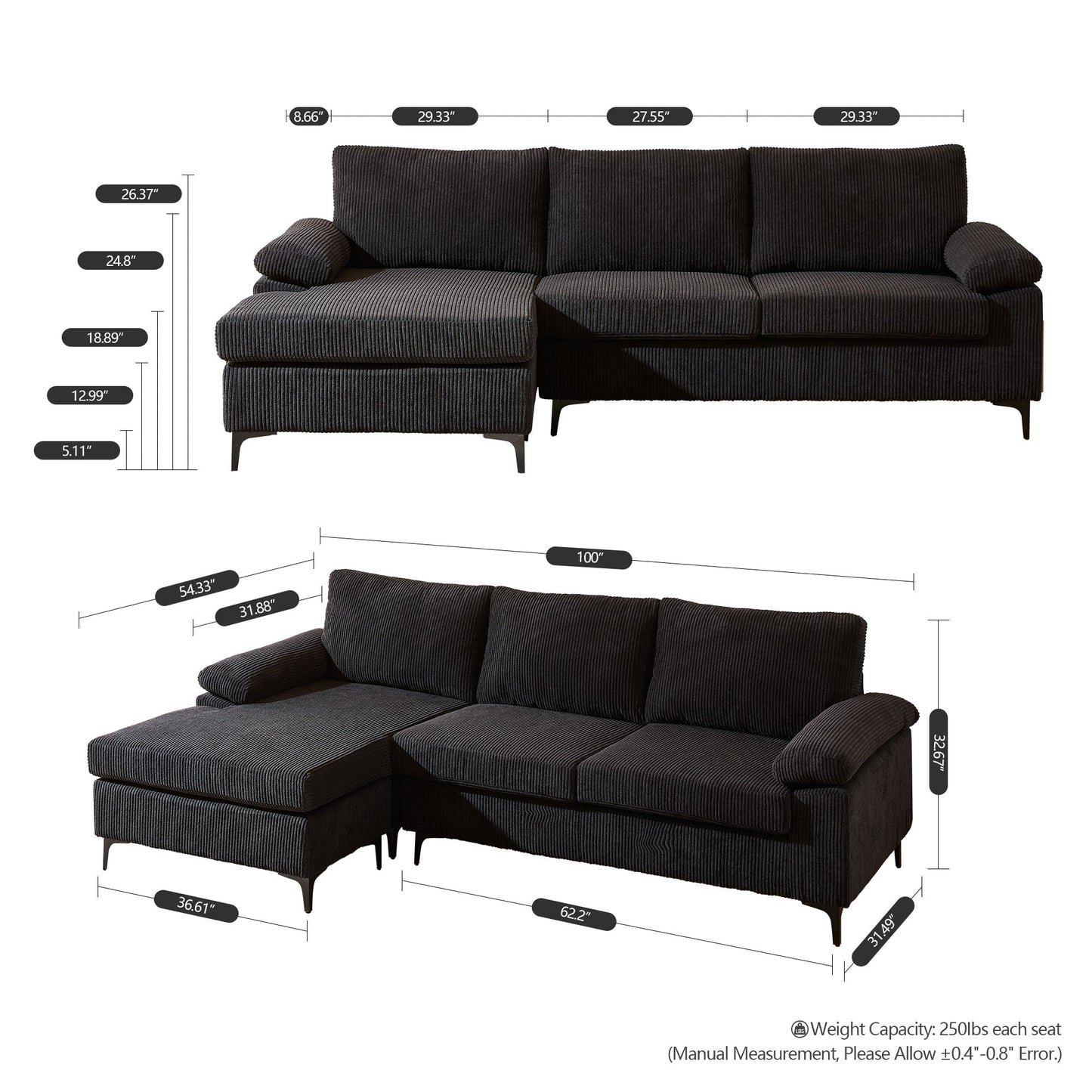 ALTRIGUS Living Room Sofa Reversible Chaise 100" Wide with Ottoman