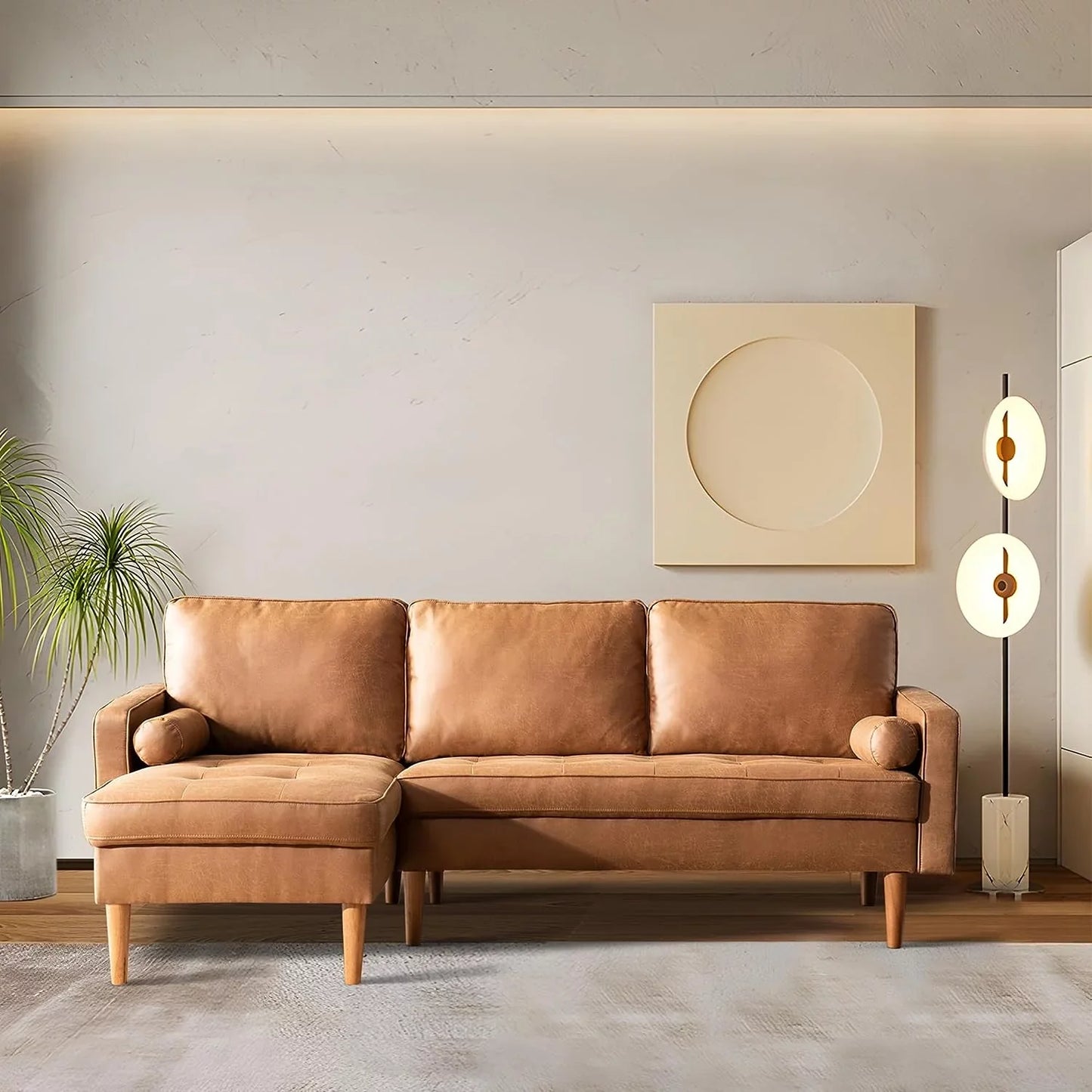 ALTRIGUS L-shape Sectional Sofa Couch,3-seat Suede Fabric Sofa Modern Accent Couch Lounge for Small Spaces(Left Chaise,Light Brown)